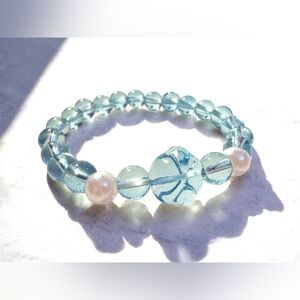 Natural Brazil Aquamarine & Pearl Beaded Bracelet Stretch Blue Gemstone Jewelry
